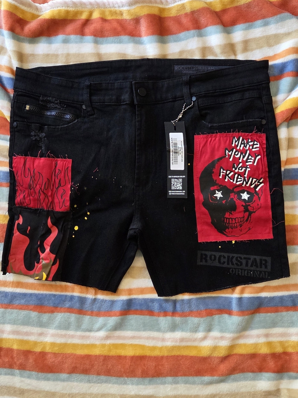 Rockstar Original Black Denim Shorts with Red Graphic Patches